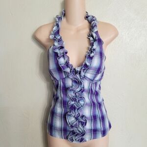 Myth Purple Plaid Ruffled Front Halter Top with Cinched Stretchy Back Size Small